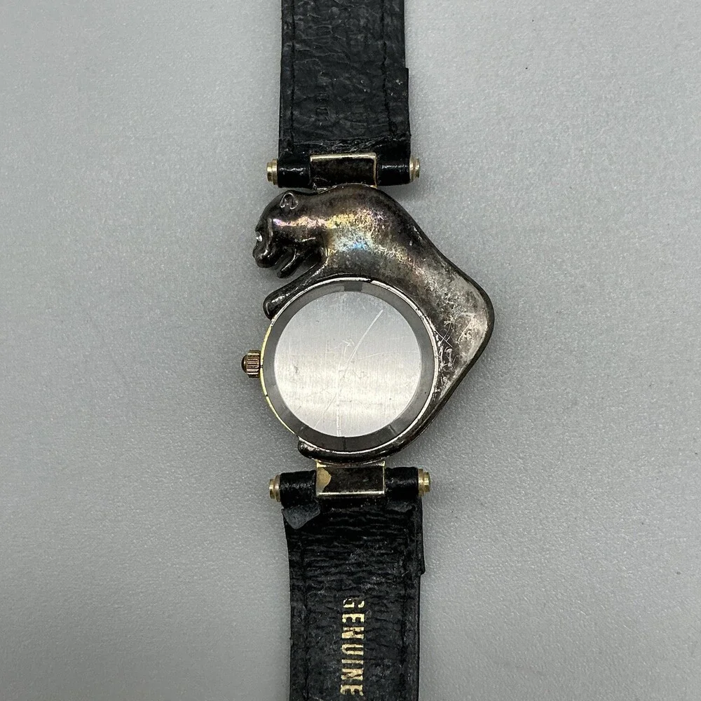 Womens Panther Watch 29mm MOP Dial Black Leather Dress Quartz New Battery